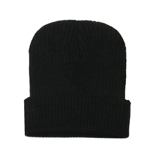 Detailed close-up of a black ribbed-knit beanie showing vertical knit texture and wide cuff