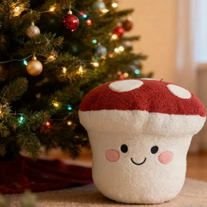 Plush mushroom pillow with embroidered face by Christmas tree for home decoration