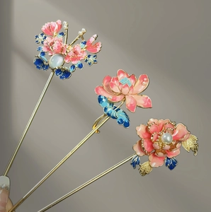 Chinese pearl flower hairpins with colorful enamel petals and elegant gold tassels
