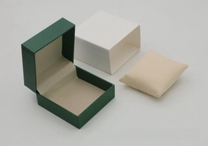 Deep green leather texture watch box set with white sleeve and cream velvet pillow pad