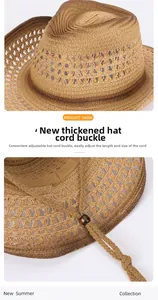 Detail of straw cowboy hat brim with adjustable chin strap and brown wooden toggle