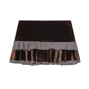Brown velvet layered mini skirt with gray knit ruffles and high waist design