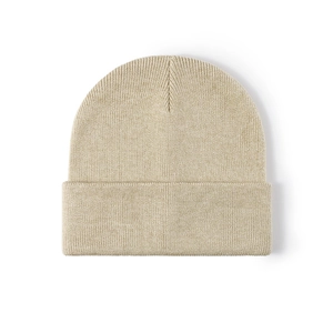 Unisex beige ribbed knit beanie with cuffed brim for winter warmth on white background