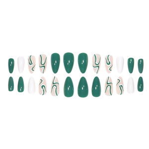 Almond press-on nails set in dark green, white, and pink with green swirl patterns