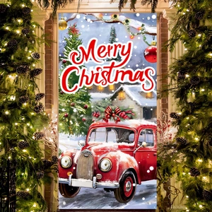 Bannière de porte de Noël avec voiture rétro rouge et inscription Merry Christmas décor