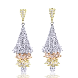 Three-tone tiered drop earrings with micro-pave cubic zirconia in a skirt-like tassel design