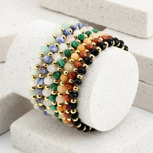 7-piece set of 4mm Amazonite beaded bracelets with faceted natural stones and gold metal beads