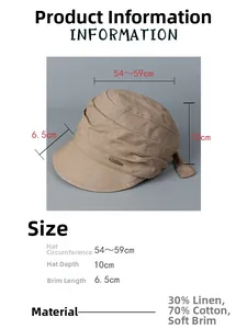 Detailed size chart for cotton-linen newsboy cap showing dimensions and fabric composition