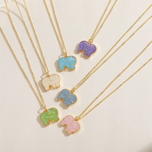 Detail of six colorful elephant pendants with mosaic shell texture on golden chains