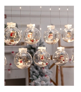 Detail of warm white LED Christmas baubles with miniature snowmen and red ornaments