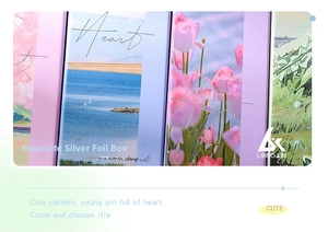 Detail of gradient glass pen gift box with silver heart logo and tulip illustration