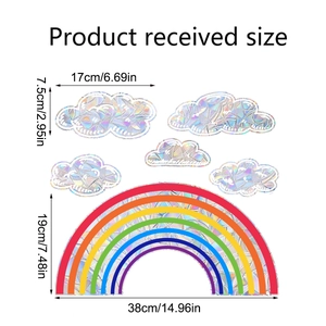 Detailed size chart for holographic rainbow and clouds window stickers in inches and cm