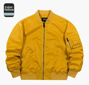 Detail of yellow flight jacket featuring ribbed collar and functional arm zip pocket