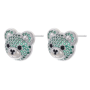 Detailed view of green and black sparkling crystal pavé teddy bear stud earrings for women