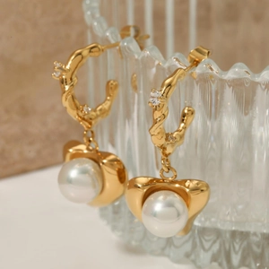 Gold stainless steel C-shape earrings with zircon studs and hanging heart pearl pendants