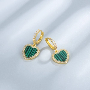 925 silver heart earrings with green malachite stone and white zircon pave in gold finish