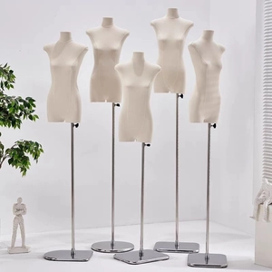 Set of five velvet female bust displays with adjustable silver stainless steel stands