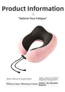 Dettaglio del cuscino a U rosa in memory foam con tessuto per magnetoterapia e corda