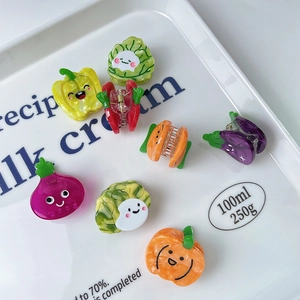 Cute cartoon vegetable claw clips set with smiley faces and glossy resin finish