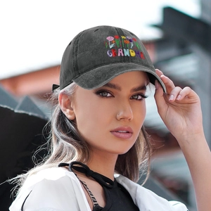 Unisex washed dark grey cotton baseball cap with colorful Grandma floral embroidery