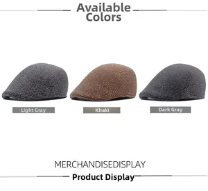 Flat lay of men's wool blend newsboy caps in French grey, Khaki, and Dark grey colors