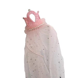 Pink crown headband for girls featuring a sparkly tiara with stars on long tulle veil