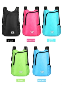 Detailed view of lightweight foldable backpacks in black, rose, green, and blue colors