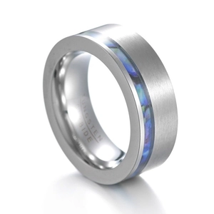 Men's 8mm tungsten carbide ring featuring a brushed finish and blue abalone shell inlay