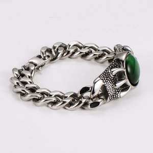 Retro stainless steel Cuban chain bracelet with green agate and eagle claw setting
