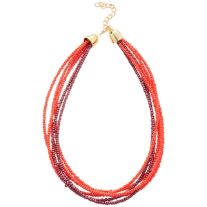 Multi-strand orange and burgundy seed bead necklace with gold lobster clasp