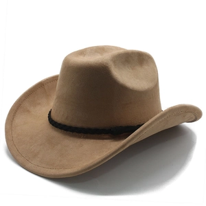 Classic khaki suede Western cowboy hat with black braided trim and wide brim design
