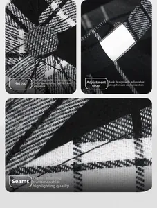 Detail view of adjustable metal buckle and stitching on black and white checkered cap