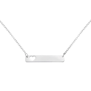 Polished stainless steel bar necklace with a hollow heart pendant on a white background