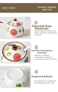 Detail of hand-painted ceramic seasoning jar with floral pattern and porcelain spoon