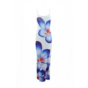 Detailed view of blue floral print on white slim fit spaghetti strap maxi dress