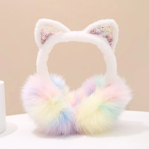 Detail of plush rainbow gradient earmuffs with sequined cat ears for children