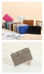Multi-slot leather wallet detail showing zipper pocket and snap closure in various colors