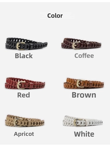 Detail view of woven leather belts in six colors including brown, black, and white