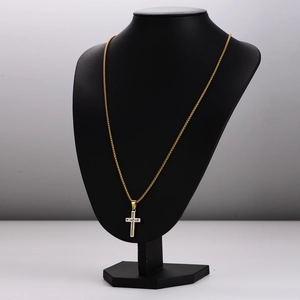 Polished stainless steel chain necklace with two-tone gold and silver cross pendant