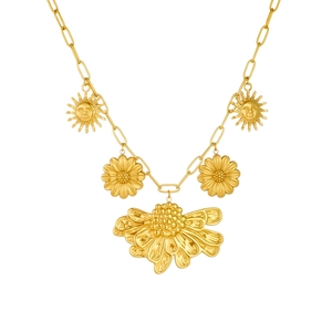 Gold stainless steel necklace with vintage sun faces and floral charms on white backdrop