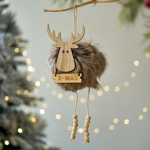 Rustic wooden reindeer Christmas tree hanging ornament with plush body and X-MAS carving