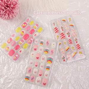 Cartoon unicorn children's press-on nails set with magical dreams rainbow patterns