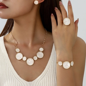Irregular Round Gold Alloy White Marble Pattern Necklace Bracelet Earrings Adjustable Ring Collection For Women Commuting Jewelry