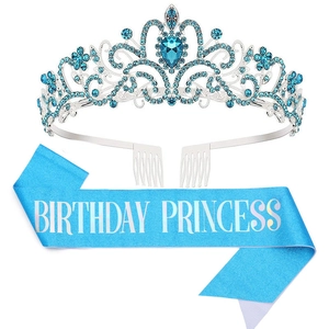 Blue Birthday Princess satin sash and silver tiara with blue rhinestones for party set