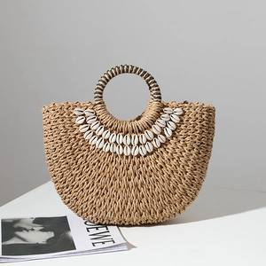 Striped woven straw handbag with seashell details and round top handles for beach vacation