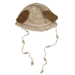 Handmade crochet animal ear bucket hat with tassel ties and knit texture for women
