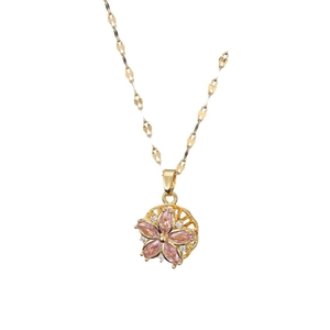 Elegant gold titanium steel necklace with pink zircon flower pendant and leaf chain
