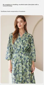 Detail of tropical palm leaf print bathrobe with quick-dry and snag-resistant texture