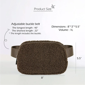 Brown teddy fleece fanny pack size chart showing 1L volume and adjustable strap details