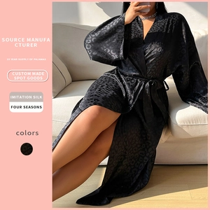 Women Long Sleeve Robe Imitation Satin Satin Leopard Print Jacquard V-Neck Tie-Waist Plus Size Nightwear Homewear